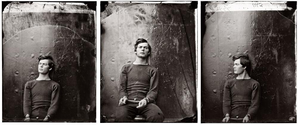Photo showing: Triptych: Condemned to Death -- Lewis Payne (a.k.a. Lewis Powell) in April 1865, three months before his execution by hanging. Glass plates by Alexander Gardner.
