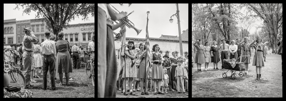 Photo showing: Decoration Day Triptych -- May 31, 1943. A Memorial Day triptych: Gallipolis, Ohio. Soldier, girl flag bearers, Girl Scouts at Decoration Day ceremonies.