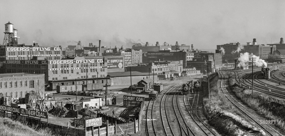 Photo showing: Eggerss-O-Flyng -- November 1938. Rail and coal yard, Omaha, Nebraska.