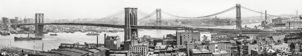 Photo showing: East River Bridges II -- New York circa 1908. Manhattan and East River bridges from Brooklyn. The Brooklyn Bridge, Manhattan Bridge (under construction) and Williamsburg Bridge as seen in a panorama made from five 8x10 inch glass negatives.