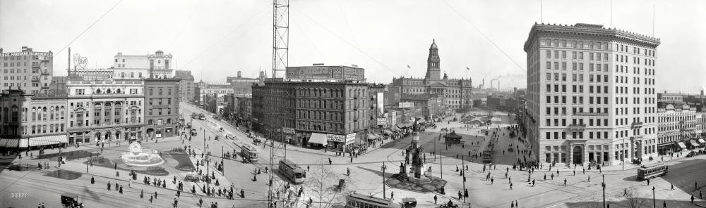 Photo showing: The Heart of Detroit -- The Campus Martius, circa 1907. Panorama of three 8x10 glass negatives.