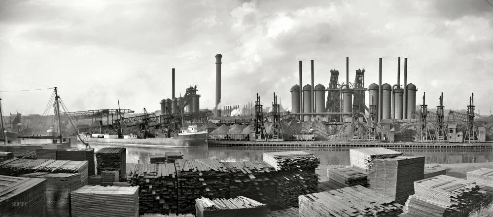 Photo showing: American Steel Panorama -- Cleveland, Ohio, circa 1910. American Steel & Wire Co. plant. Panorama of two 8x10 glass plates. 