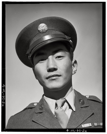 Photo showing: Cpl. Shohara -- Corporal Jimmie Shohara, visiting his parents at the Manzanar Relocation Center in 1943.