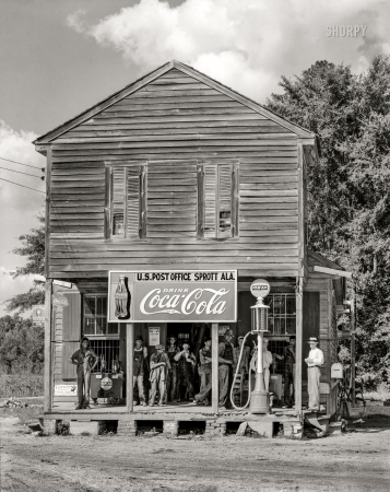 Photo showing: Gas - Coke - Stamps -- August 1936. Crossroads store and post office. Sprott, Alabama.