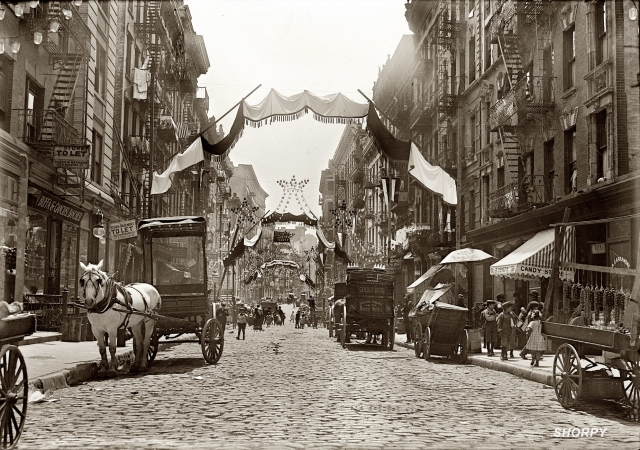 Photo showing: Italian Festa -- New York, May 16, 1908. Italian festa. Mott Street decorated for religious feast.