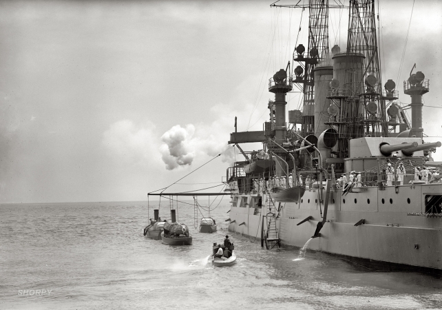 Photo showing: The Kaiser Calls -- German port call. U.S. battleship in Hampton Roads to greet German squadron, 1912.