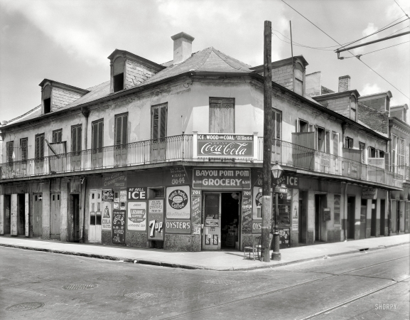 Photo showing: Bayou Pom Pom Grocery -- New Orleans, Louisiana, 701 Bourbon Street at St. Peters Street, circa 1937.