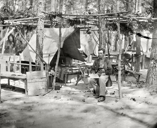 Photo showing: The Unnamed Soldier -- August 1864. Petersburg, Virginia. Federal soldier's quarters. A glimpse of camp life.