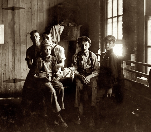 Photo showing: The Indy Five -- August 1908. Noon hour in an Indianapolis furniture factory.