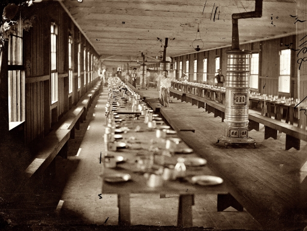 Photo showing: Harewood Hospital -- Washington, D.C., circa 1863. Mess hall at Harewood Hospital, heated by elaborate stoves.