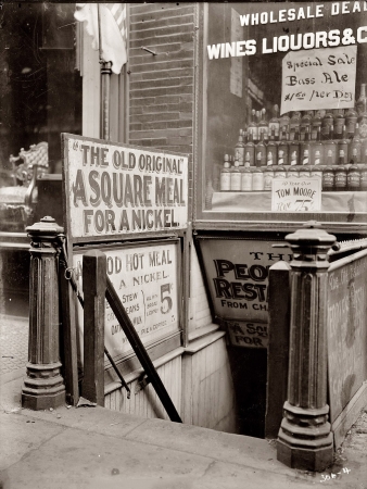 Photo showing: A Square Meal -- New York circa 1910. 5 cent restaurant in Bowery.