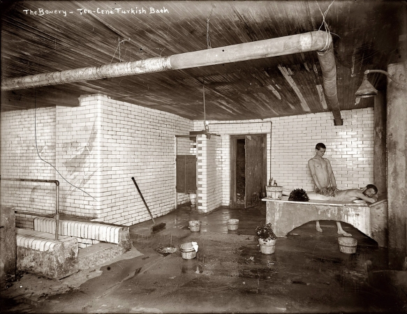 Photo showing: Ten Cents a Bath -- New York's Bowery district circa 1910. 10-cent Turkish bath.