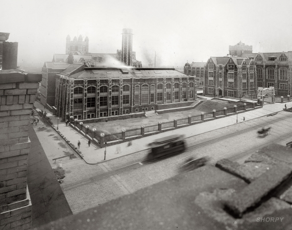 Photo showing: City College -- College of City of New York. Circa 1908 glass negative showing street repairs and trolley on a foggy day.