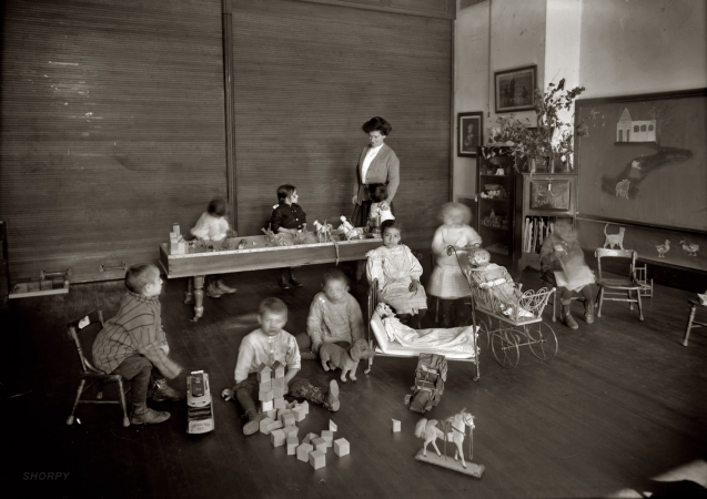 Photo showing: Playtime -- New York ca. 1908. Kindergarten, East Side Free School for Crippled Children.