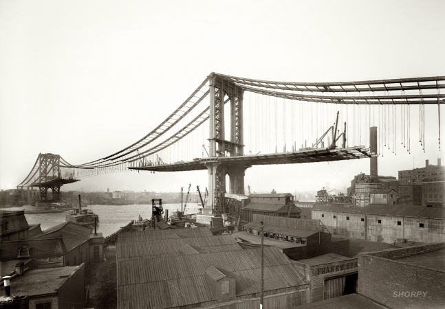 Photo showing: Manhattan Bridge Abuilding -- March 23, 1909. Construction of the Manhattan Bridge as seen from Brooklyn.