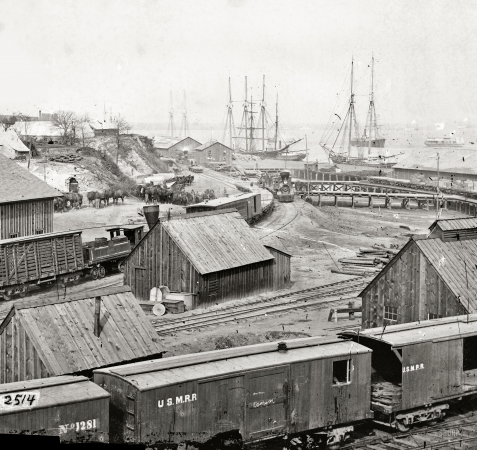 Photo showing: City Point -- Circa 1865. City Point, Virginia. Railroad yard and transports.