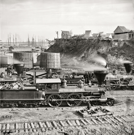 Photo showing: Military R.R. -- City Point, Virginia, circa 1865. Gen. J.C. Robinson and other locomotives of the U.S. Military Railroad.