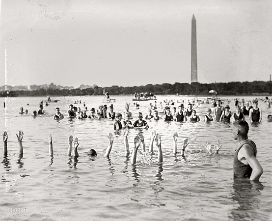 Photo showing: Who Cant Swim? -- George H. Corson, 1920 is the caption for this enigmatic photo of bathers in the Potomac River.