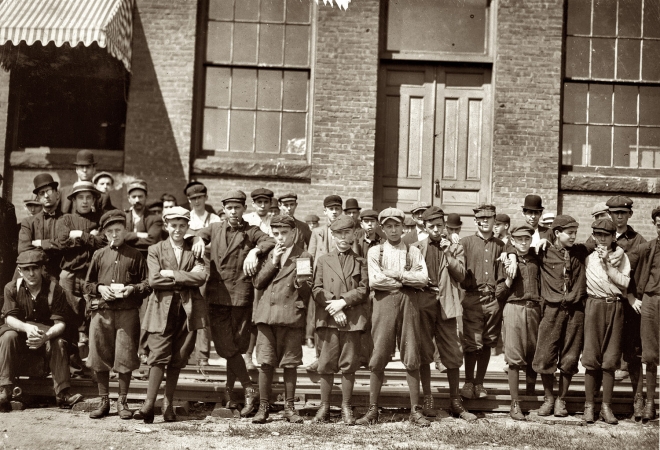 Photo showing: Mill Boys -- September 1911. Cotton mill workers at Indian Orchard, Massachusetts. 