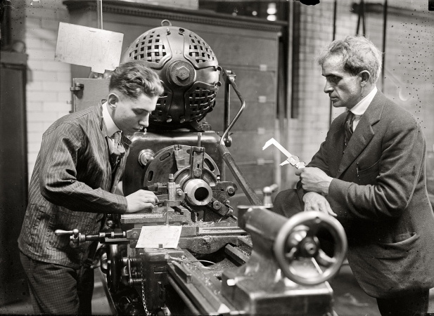 Photo showing: Steampunk 101 -- C.W. Hecox, instructor in machine shop, D.C. public schools, 1917.