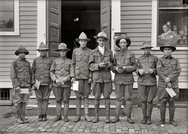 Photo showing: Scout Savers II -- 1913. Boy Scouts with their Postal Savings envelopes.