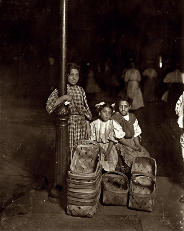 Photo showing: The Basket Seller -- Cincinnati, August 1908. Marie Costa, basket seller, lives at 605 Elm Street. Sixth Street Market, 9 p.m.