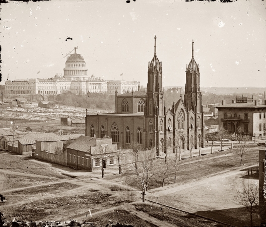 Photo showing: Capitol Under Construction -- Trinity Episcopal Church, 3rd & C & Ind. Ave. and U.S. Capitol, Washington, D.C. 1863.