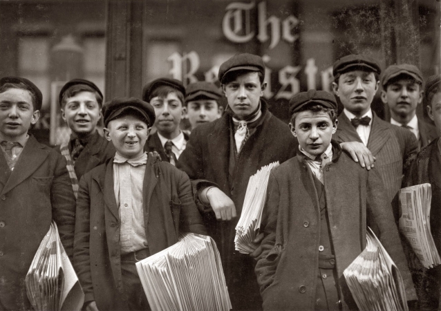 Photo showing: New Haven Newsies -- March 1909. New Haven, Connecticut. High school route boys for the New Haven Register. Adolescents.