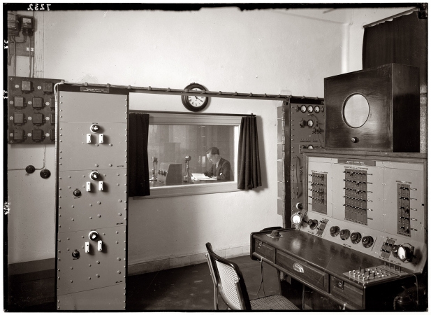 Photo showing: On the Air -- A radio studio control room in British Mandate Palestine between 1936 and 1939.