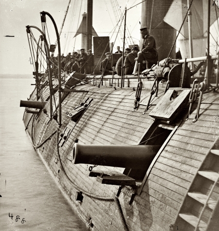 Photo showing: U.S.S. Galena: 1862 -- On the James River in Virginia. Effect of Confederate shot on Federal ironclad Galena.