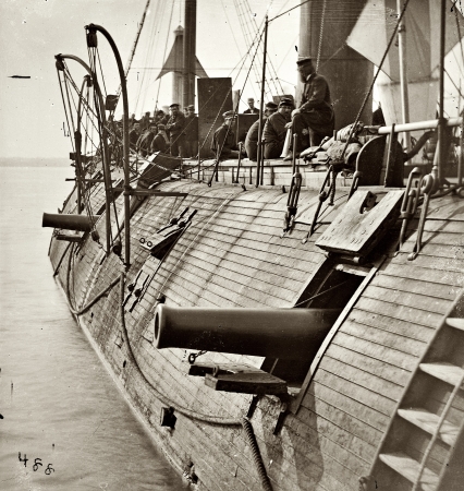Photo showing: U.S.S. Galena: 1862 -- On the James River in Virginia. Effect of Confederate shot on Federal ironclad Galena.