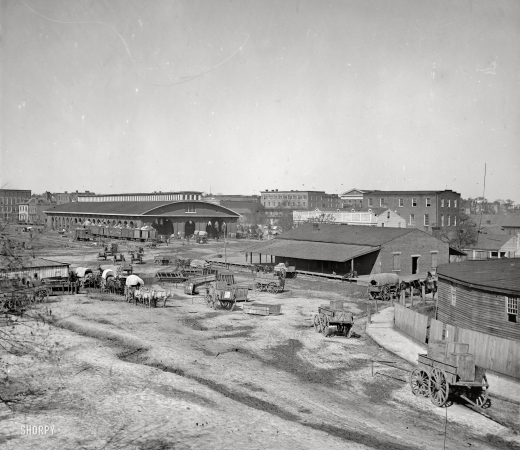 Photo showing: Occupied Atlanta -- Atlanta, Georgia September-November 1864. Atlanta railroad depot and yard; Trout House and Masonic Hall.