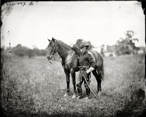 Photo showing: ATV: 1863 -- August 1863. Bealeton, Va. Capt. Henry Page, assistant quartermaster, at Army of Potomac headquarters with horse.
