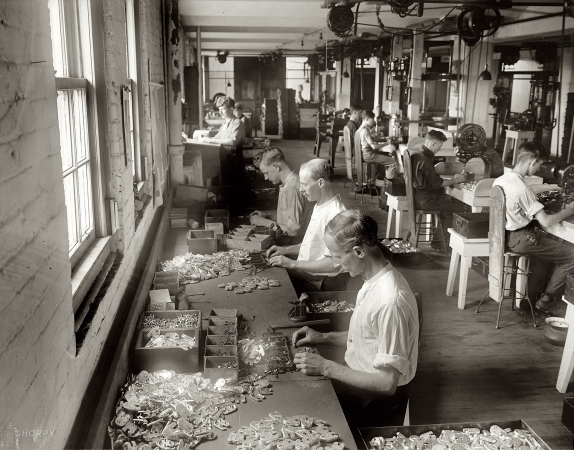 Photo showing: Postal Lockmakers -- Making L.A. locks in the Post Office Department Mail Equipment Shops, 2135 Fifth Street N.E. circa 1915.