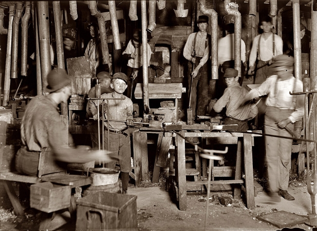 Photo showing: Citizens Glass -- October 1908. Citizens Glass Co., Evansville, Indiana. Over ten small boys on day shift in one department.