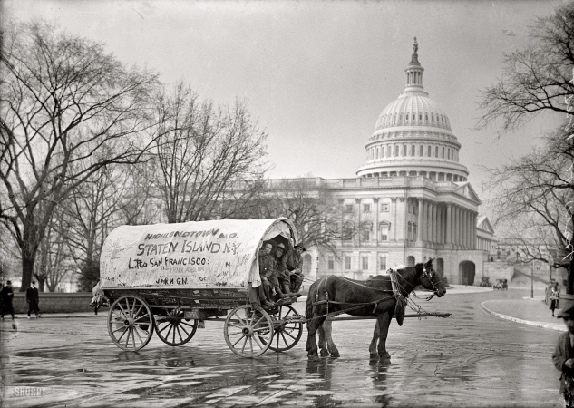 Photo showing: Go West, Young Men -- Washington, D.C., March 1915. San Francisco by wagon from Staten Island, New York.