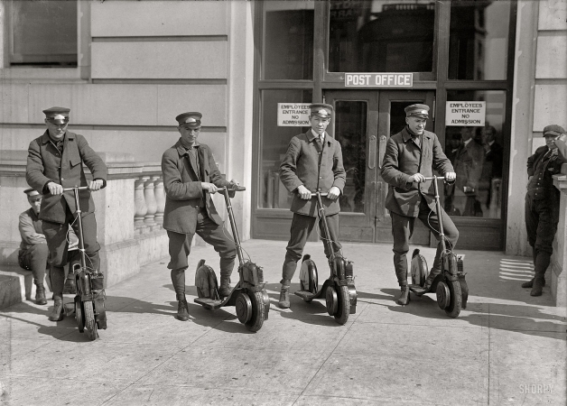 Photo showing: Special Delivery: 1917 -- Washington, D.C. Post Office postmen on scooters.