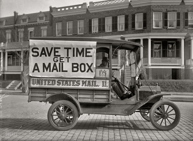 Photo showing: Postal Advice -- Washington, D.C., 1916. Post Office Department mail wagon.