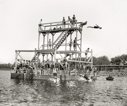 Photo showing: Taking the Plunge -- Potomac Tidal Basin, Washington, D.C., 1923. Opening of bathing beach.