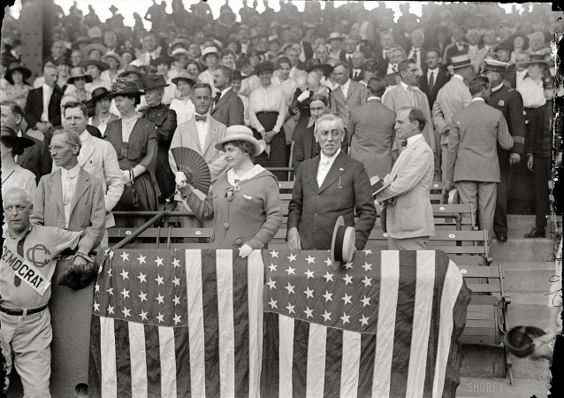 Photo showing: League of Nation -- Congressional baseball game. President and Mrs. Wilson, Washington, D.C., 1917.