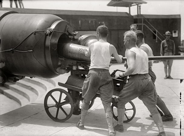 Photo showing: Heavy Load -- Washington, D.C., or vicinity circa 1917. Military training. Loading big gun.