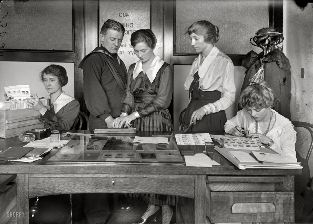 Photo showing: Biometrics -- Washington, D.C., 1918. Navy Department, Intelligence Bureau, finger-print department.