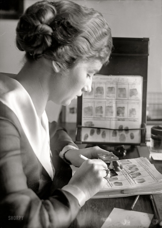 Photo showing: Whorl Girl -- 1918. Navy Department, intelligence bureau. Finger print department clerk Marie S. Dahm.