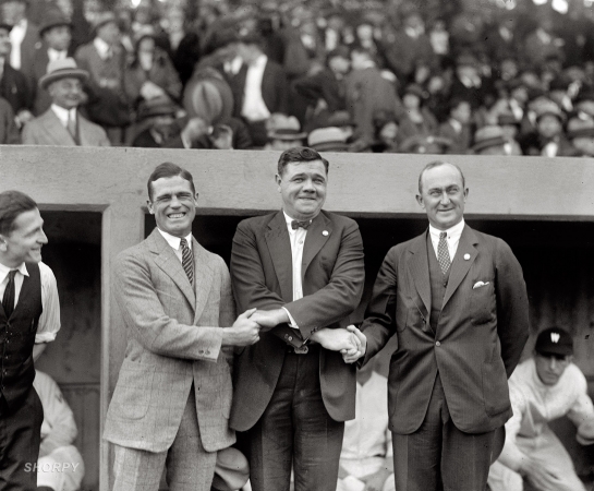 Photo showing: Sisler, Ruth, Cobb: 1924 -- October 4, 1924. George Sisler, Babe Ruth and Ty Cobb at the first game of the 1924 World Series at Griffith Stadium.
