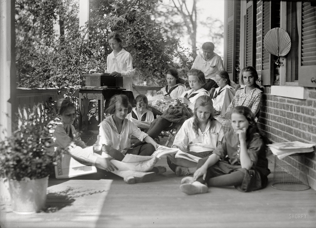 Photo showing: Social Media 1.0 -- Young Women's Christian Association camp, 1919.  With texting (one-way) and music streaming (non-electrical).