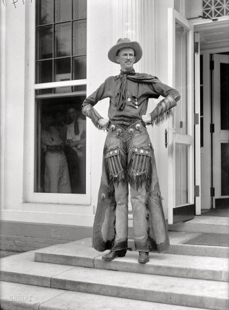 Photo showing: The Tall Cowboy -- Washington, D.C., 1919. Ralph E. Madsen, the tall cowboy, at White House.