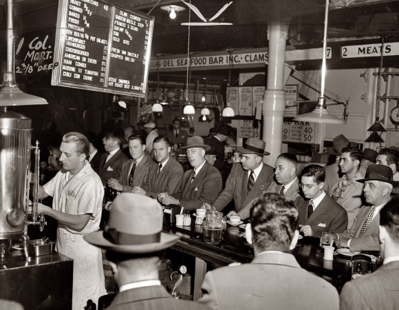 Photo showing: Cheeseburger 30 Cents -- Pete's Bar at Washington Market in Lower Manhattan, 1950.