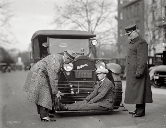 Photo showing: The Latest Scoop -- December 17, 1924. Washington, D.C. Auto safety device demonstration.