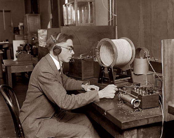 Photo showing: Testing Testing -- Washington, D.C. February 19, 1925. Measuring radio lengths at the Bureau of Standards.