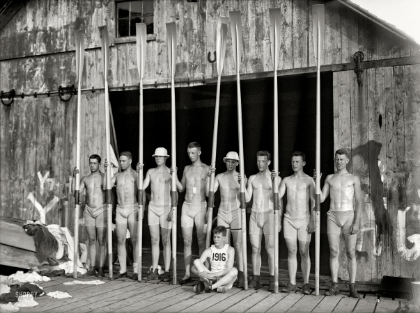 Photo showing: Yale Crew -- June 1913. New Haven, Connecticut. Yale Freshman 8. A motley crew and its coxswain.